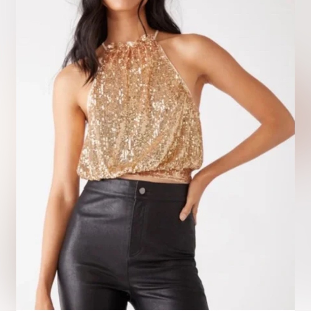 Free People Lights Out Gold Sequin Halter Tank